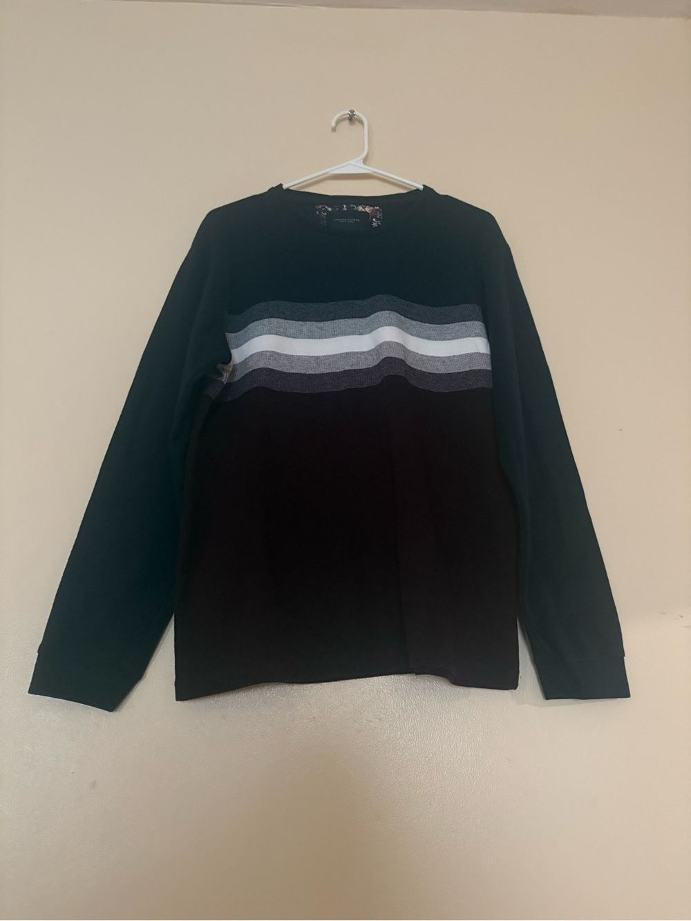 Denim & Flower Black Crewneck Sweater with Gray and White Stripes